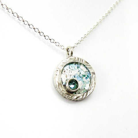Pendant - Silver Necklace With Round Roman Glass & Blue Cubic Zircon