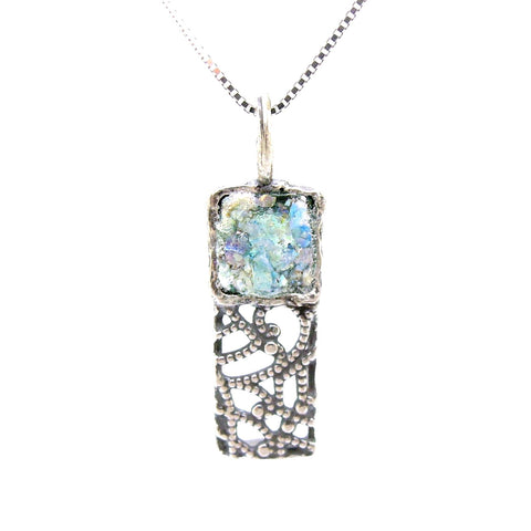 Pendant - Silver Pendant Necklace, Filigree Design With Roman Glass