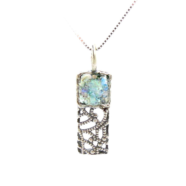 Pendant - Silver Pendant Necklace, Filigree Design With Roman Glass