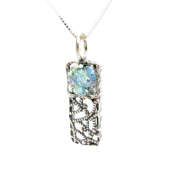 Pendant - Silver Pendant Necklace, Filigree Design With Roman Glass