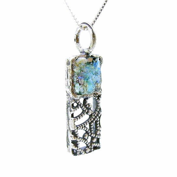 Pendant - Silver Pendant Necklace, Filigree Design With Roman Glass