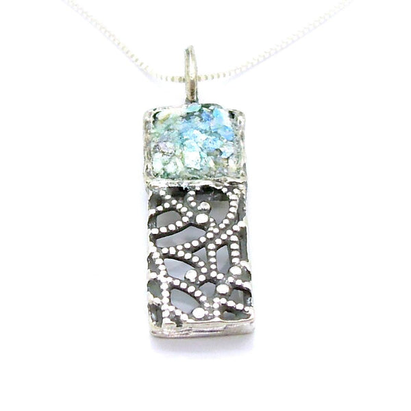 Pendant - Silver Pendant Necklace, Filigree Design With Roman Glass