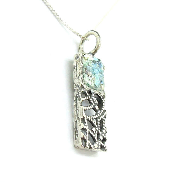 Pendant - Silver Pendant Necklace, Filigree Design With Roman Glass