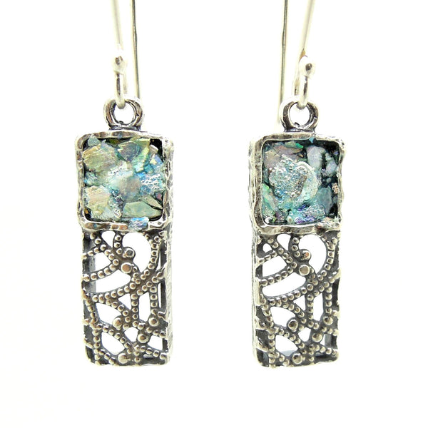 Pendant - Silver Pendant Necklace, Filigree Design With Roman Glass