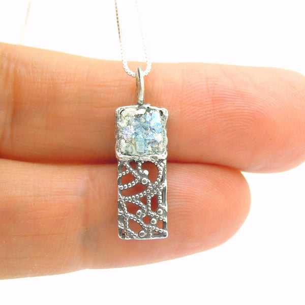 Pendant - Silver Pendant Necklace, Filigree Design With Roman Glass