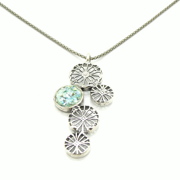 Pendant - Silver Pendant Necklace With Flower Shapes And Roman Glass