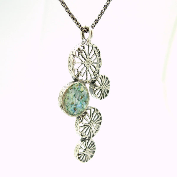 Pendant - Silver Pendant Necklace With Flower Shapes And Roman Glass