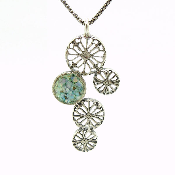 Pendant - Silver Pendant Necklace With Flower Shapes And Roman Glass