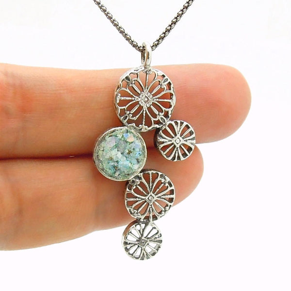 Pendant - Silver Pendant Necklace With Flower Shapes And Roman Glass