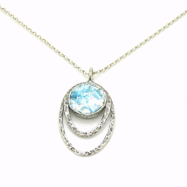 Pendant - Silver Pendant Necklace With Roman Glass Set In Hammered Oval Frame