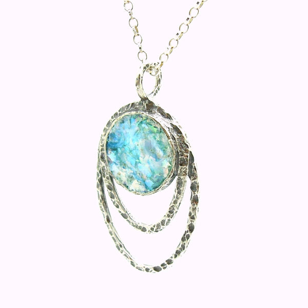 Pendant - Silver Pendant Necklace With Roman Glass Set In Hammered Oval Frame