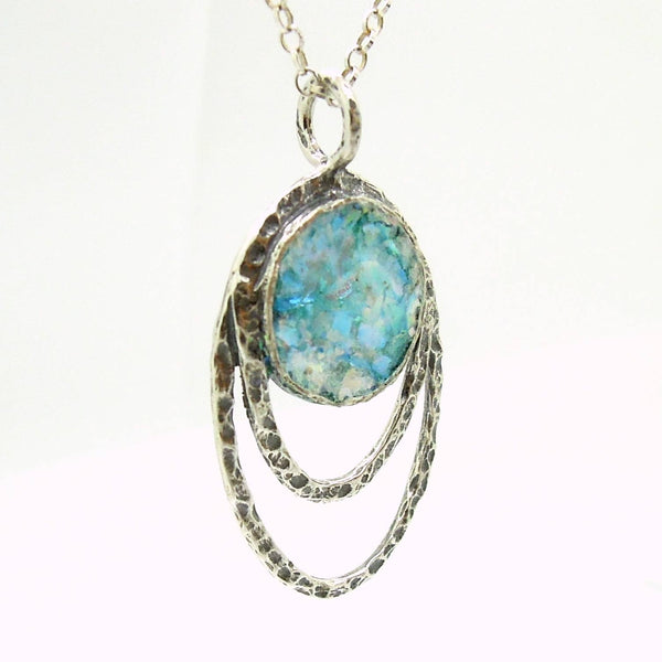 Pendant - Silver Pendant Necklace With Roman Glass Set In Hammered Oval Frame