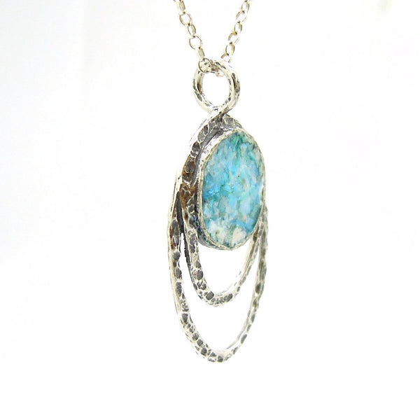 Pendant - Silver Pendant Necklace With Roman Glass Set In Hammered Oval Frame
