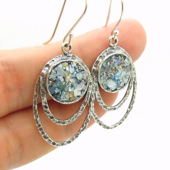 Pendant - Silver Pendant Necklace With Roman Glass Set In Hammered Oval Frame