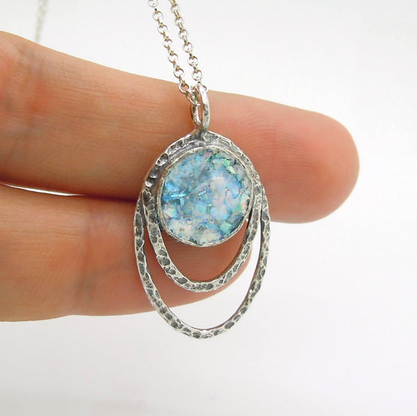 Pendant - Silver Pendant Necklace With Roman Glass Set In Hammered Oval Frame