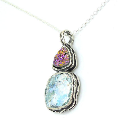 Pendant - Silver Pendant With Druzy Agate And Roman Glass