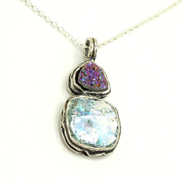 Pendant - Silver Pendant With Druzy Agate And Roman Glass