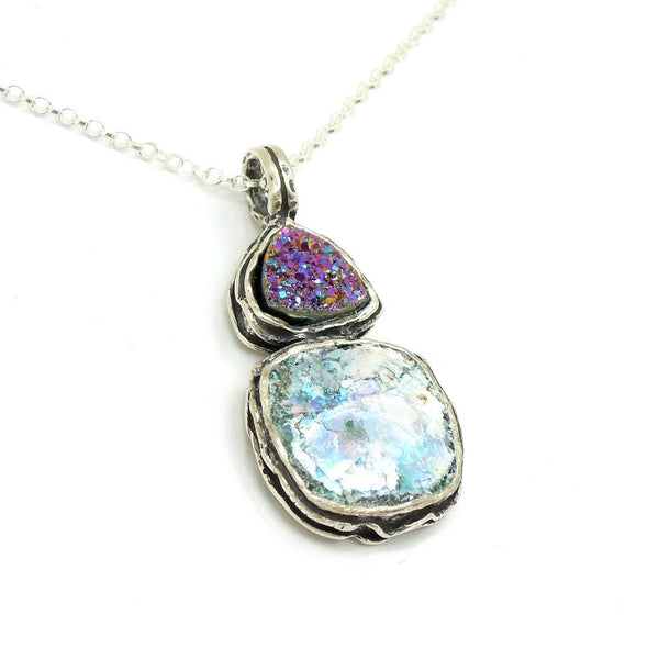 Pendant - Silver Pendant With Druzy Agate And Roman Glass