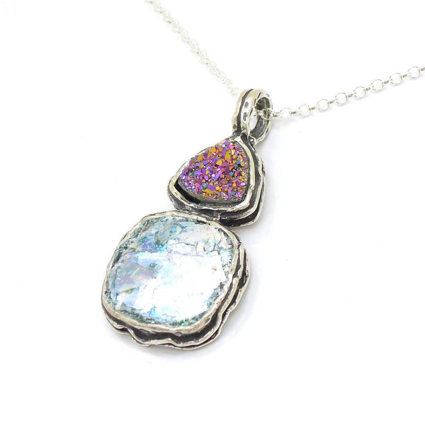 Pendant - Silver Pendant With Druzy Agate And Roman Glass