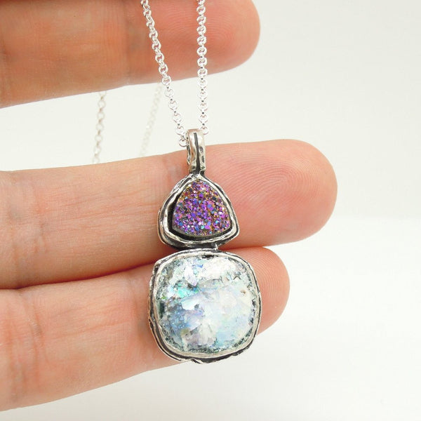 Pendant - Silver Pendant With Druzy Agate And Roman Glass