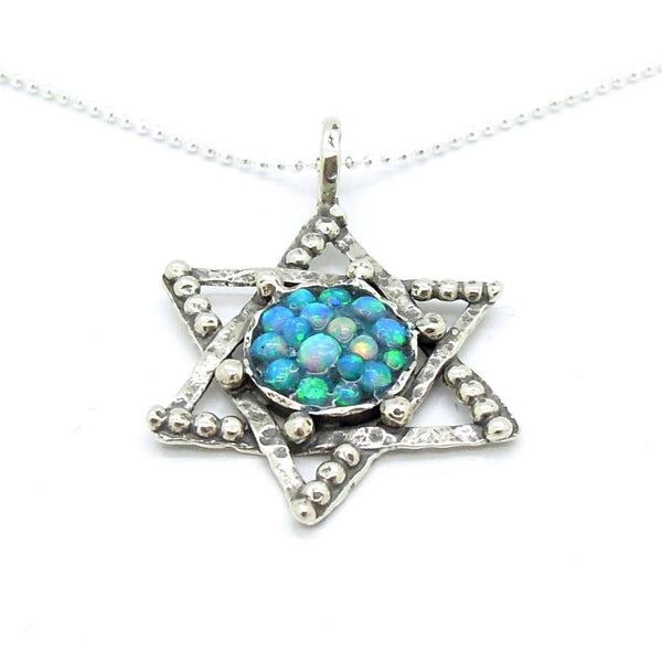 Pendant - Silver Star Of David Pendant With Mosaic Opal Stones And Sterling Circles