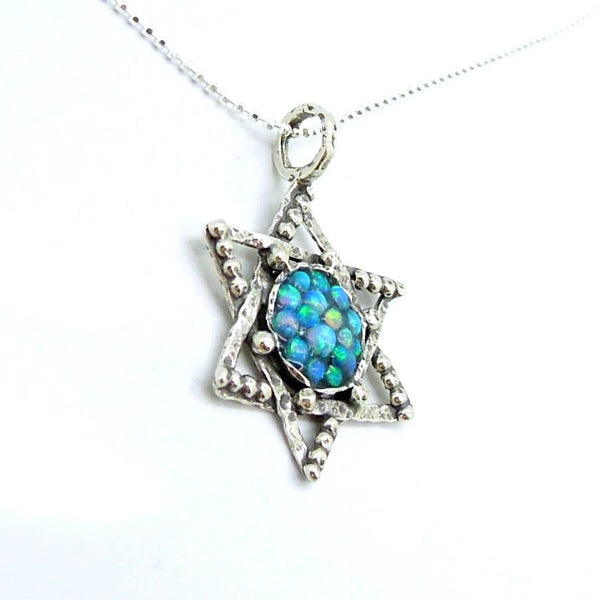 Pendant - Silver Star Of David Pendant With Mosaic Opal Stones And Sterling Circles