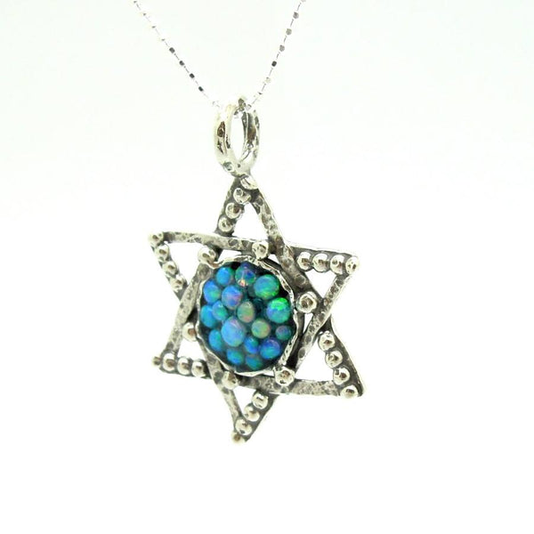 Pendant - Silver Star Of David Pendant With Mosaic Opal Stones And Sterling Circles