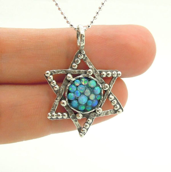 Pendant - Silver Star Of David Pendant With Mosaic Opal Stones And Sterling Circles