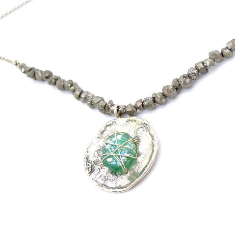 Pendant  - Silver Stitched Roman Glass And Pyrite Necklace