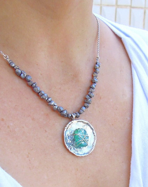 Pendant  - Silver Stitched Roman Glass And Pyrite Necklace