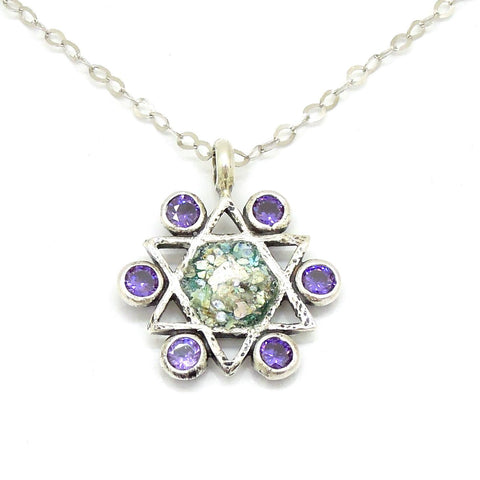 Pendant - Star Of David Necklace With Amethyst & Roman Glass