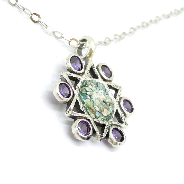 Pendant - Star Of David Necklace With Amethyst & Roman Glass