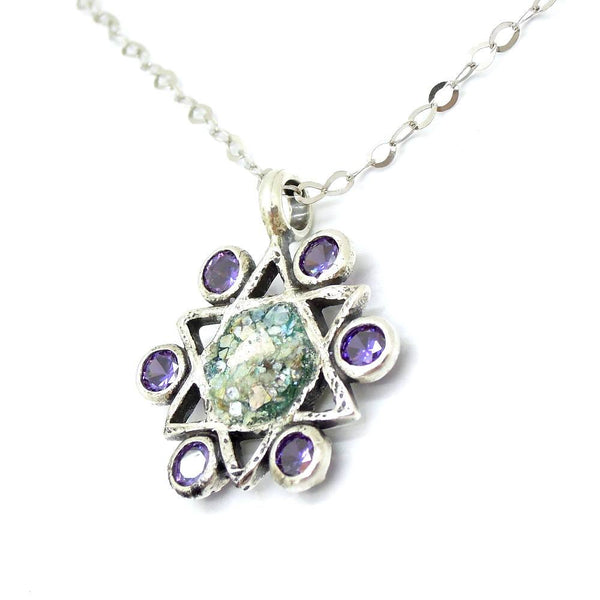 Pendant - Star Of David Necklace With Amethyst & Roman Glass