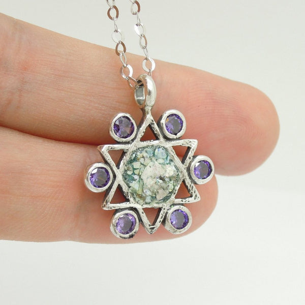 Pendant - Star Of David Necklace With Amethyst & Roman Glass