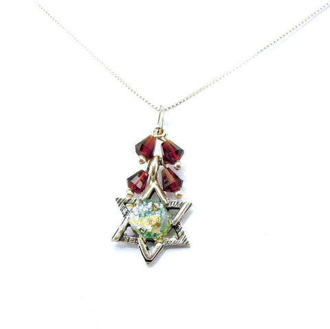 Pendant  - Star Of David Silver And Roman Glass Pendant With Garnets