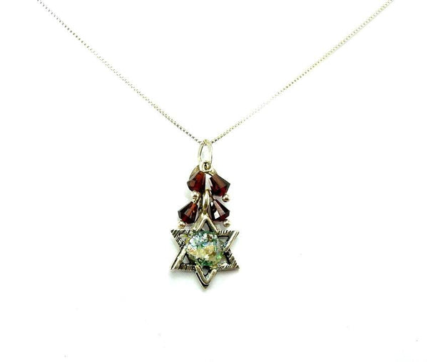Pendant  - Star Of David Silver And Roman Glass Pendant With Garnets