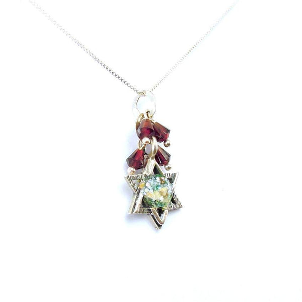 Pendant  - Star Of David Silver And Roman Glass Pendant With Garnets