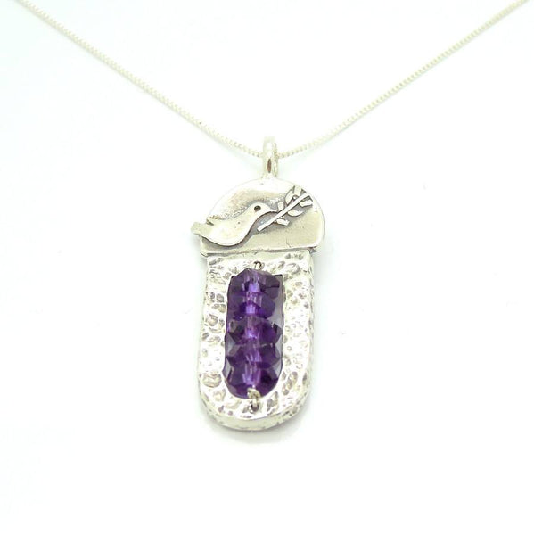 Pendant - Sterling Silver & Amethyst Pendant With A Dove Holding A Tree Branch