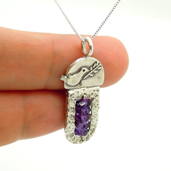 Pendant - Sterling Silver & Amethyst Pendant With A Dove Holding A Tree Branch