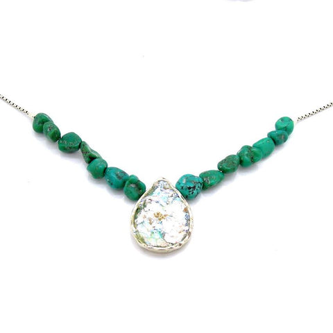 Pendant - Sterling Silver And Roman Glass Turquoise Bead Necklace
