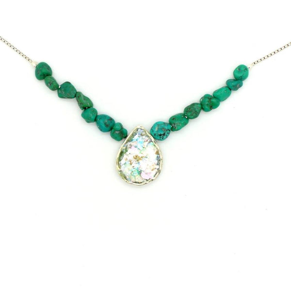 Pendant - Sterling Silver And Roman Glass Turquoise Bead Necklace