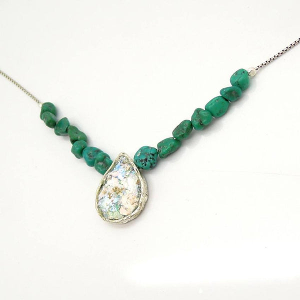 Pendant - Sterling Silver And Roman Glass Turquoise Bead Necklace