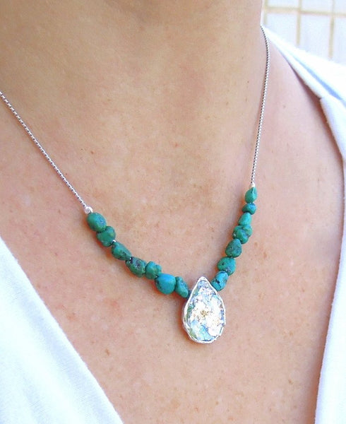 Pendant - Sterling Silver And Roman Glass Turquoise Bead Necklace