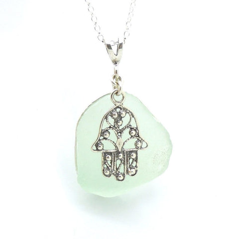 Pendant - Sterling Silver Hamsa Hand Sea Glass Pendant