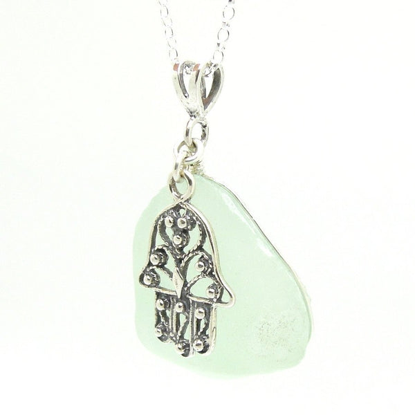 Pendant - Sterling Silver Hamsa Hand Sea Glass Pendant