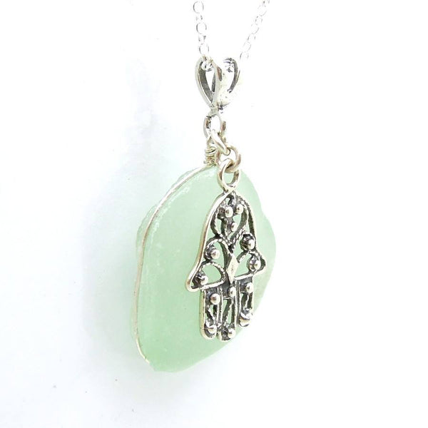 Pendant - Sterling Silver Hamsa Hand Sea Glass Pendant