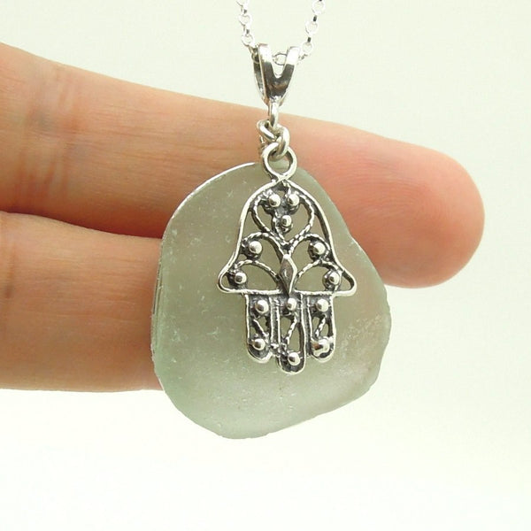 Pendant - Sterling Silver Hamsa Hand Sea Glass Pendant