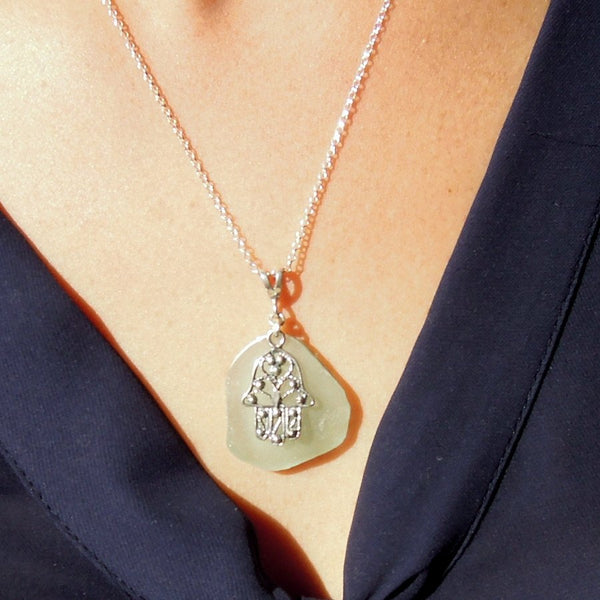 Pendant - Sterling Silver Hamsa Hand Sea Glass Pendant