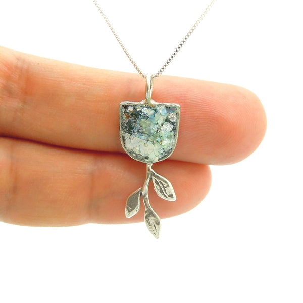 Pendant - Tree Branch Pendant Necklace With Roman Glass