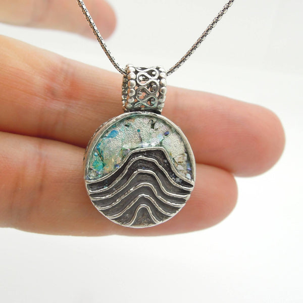 Pendant - Unique Silver Pendant Necklace With Roman Glass And Landscape Patterns